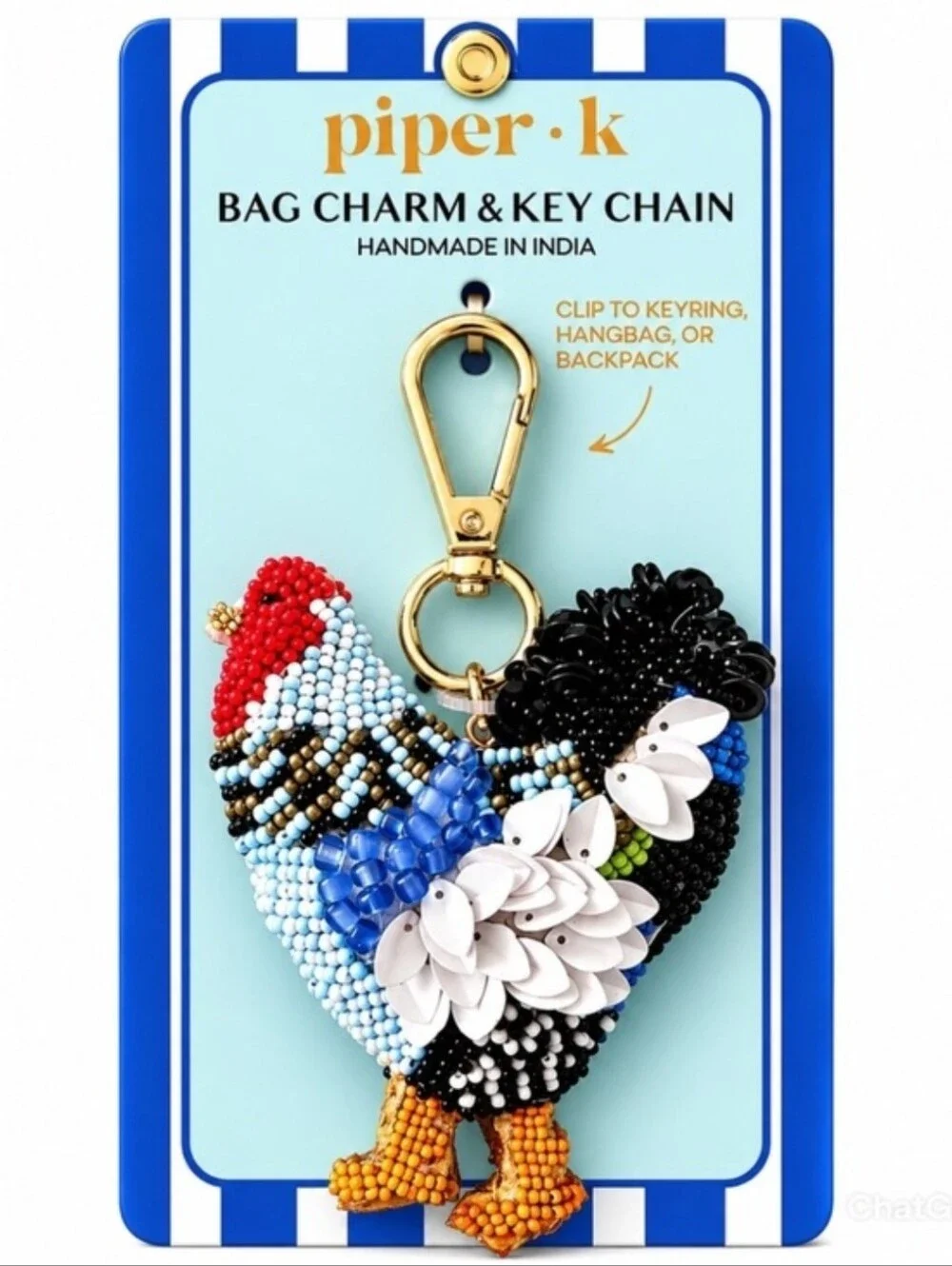 ▪️Piper K ▪️Beaded Rooster Bag Charm Keychain Handmade Multicolor Sequin Chicken